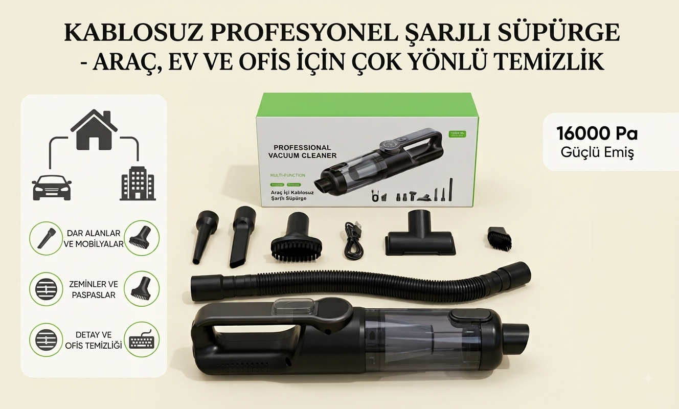 Kablosuz El Süpürgesi Yıkanabilir Filtreli
